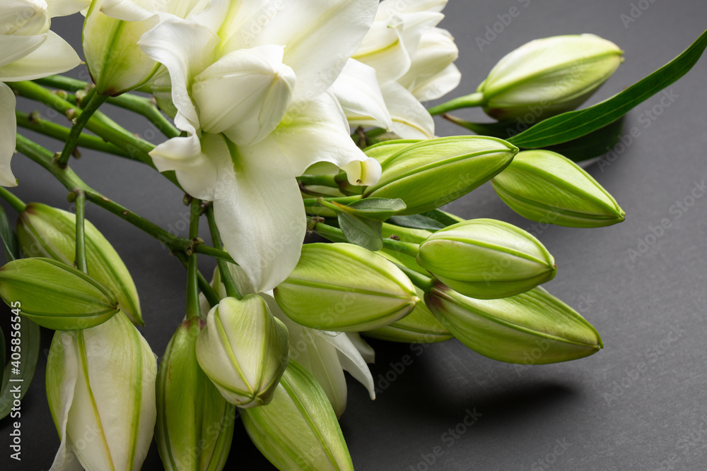 White beautiful and fresh lily flowers on grey background White beautiful and fresh lily flowers on grey background