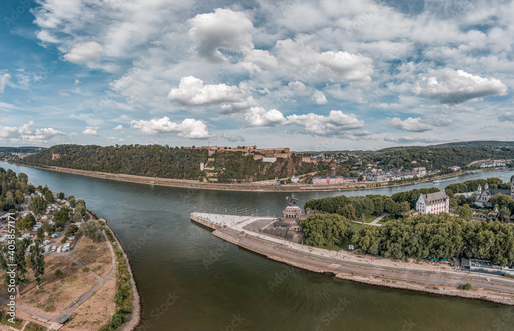 Aerial drone shot of Deutsch Eck headland by Rhine Mosel river in Koblanz Germany