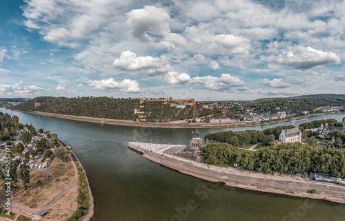 Aerial drone shot of Deutsch Eck headland by Rhine Mosel river in Koblanz Germany