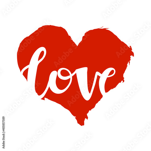 Vector illustration with red heart and Love lettering.