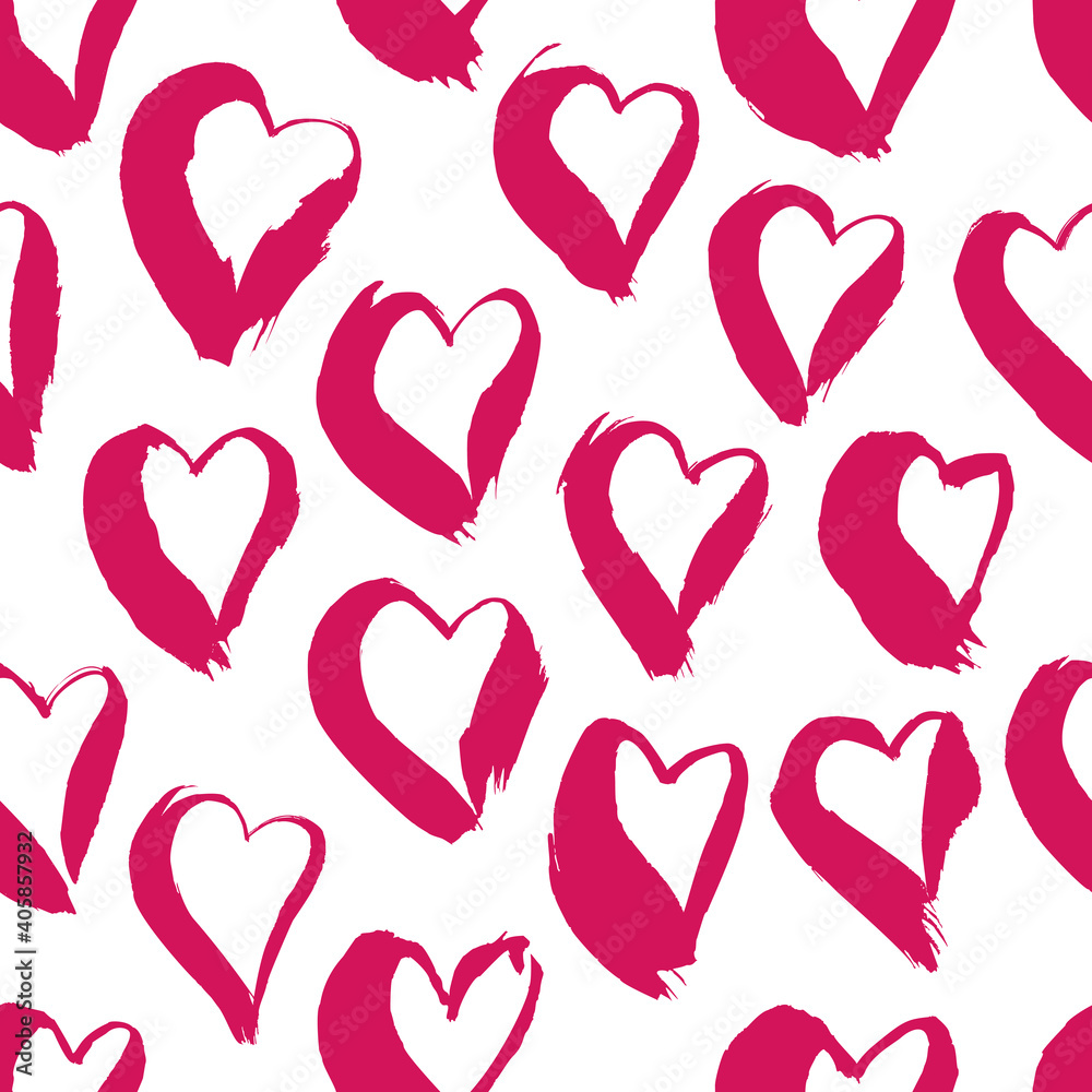 Seamless pattern with hand drawn hearts. Ink brush drawn background for love story, greeting card, invitation, wedding, St. Valentine day.