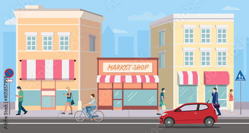 Flat Building Shopping Street Market with people.Vector illustration.Cityscape and man walking.Shop facade on road with car.Modern store buildings and person activities.Business street concept
