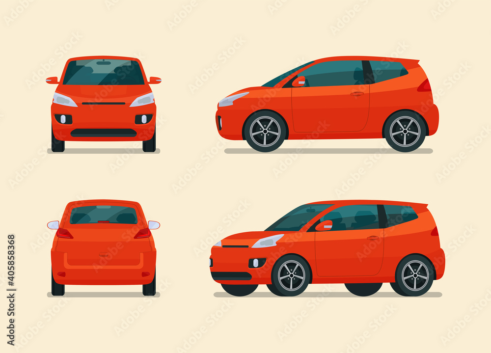 Compact city car four angle set. Car side, back and front view. Vector flat illustration.