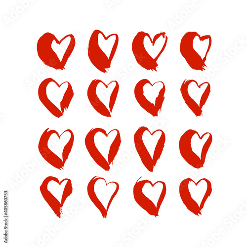 Set of red hand drawn hearts. Ink brush drawn design elements for love story, greeting card, invitation, wedding, St. Valentine day.