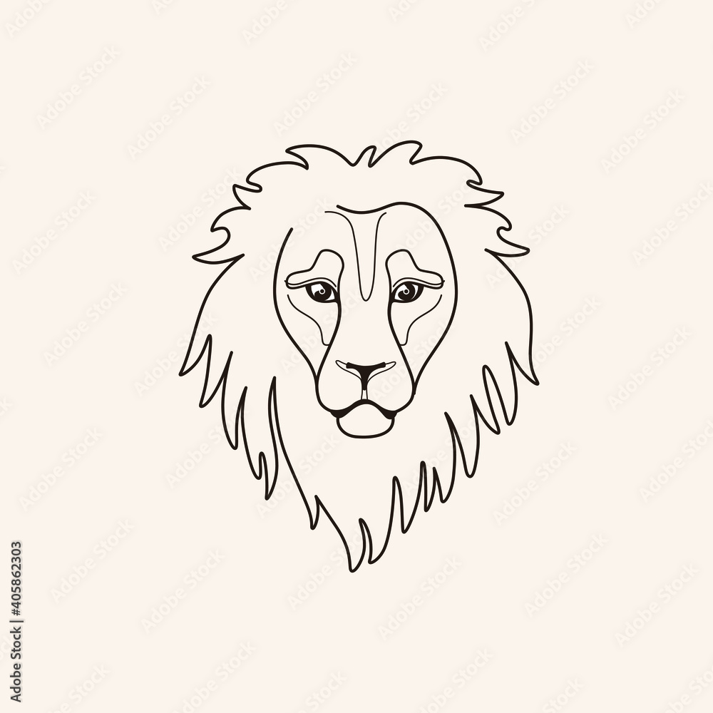 llustration of head of lion. Simple contour vector illustration for emblem, badge, insignia.