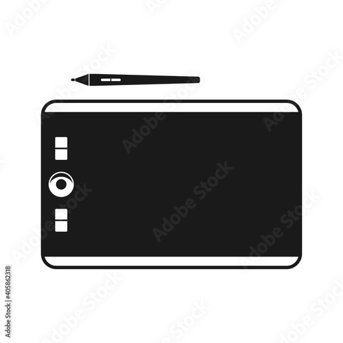 Graphic tablet with stylus pen for touch screen bold black silhouette icon. Digital drawing pad, digitizer.