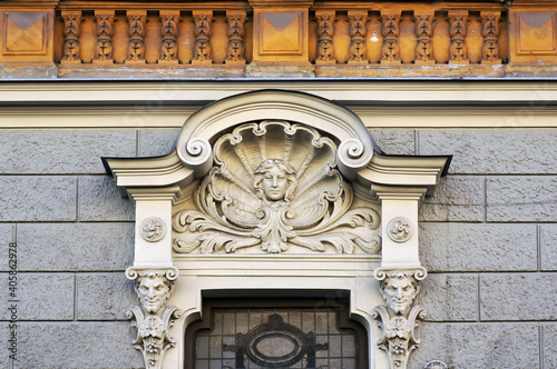 Decor of building in Art Nouveau (Jugendstil) in Riga, Latvia.