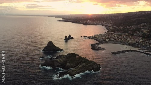 Drone view of Acitrezza bay at sunset in Sicily Italy