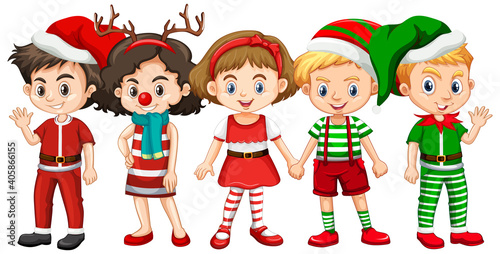 Different children wearing Christmas costume cartoon character