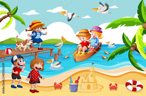 Children row the boat in the beach scene
