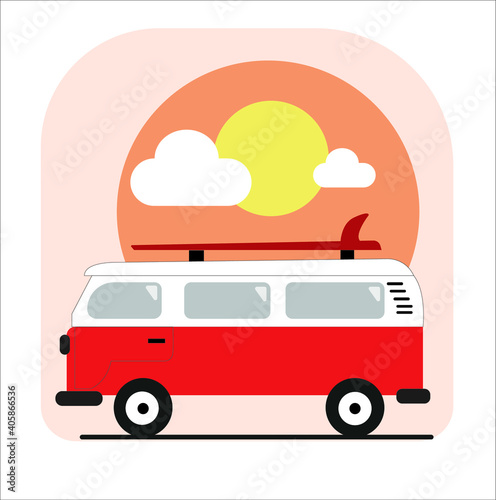 Vector theme of Caravan Road trip, Adventure, Trailering, Camping, outdoor recreation, adventures in nature, vacation. Colorful bus. © Melek