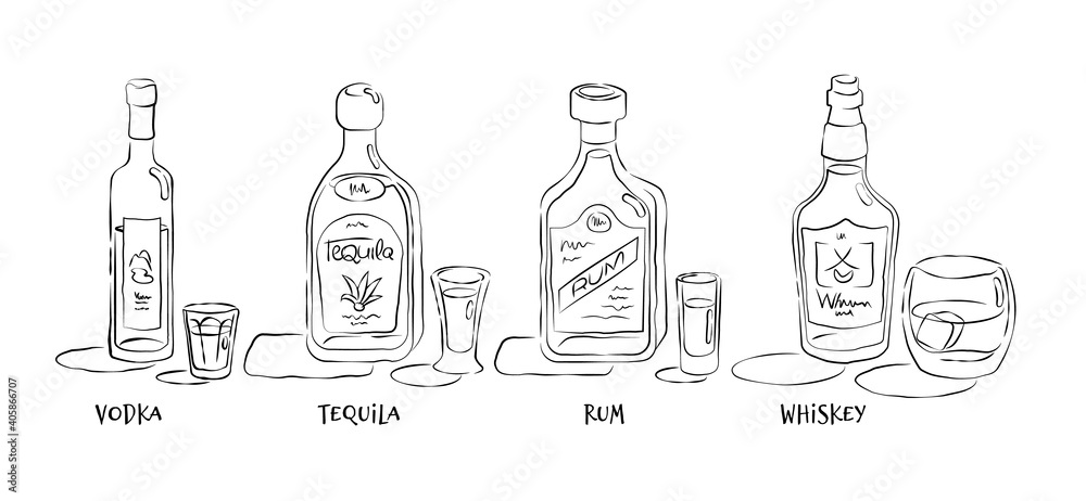 Vodka, rum, tequila, whiskey. Bottle and glass in hand drawn style. Restaurant illustration for celebration design. Sketch. Design element. Beverage outline icon. Isolated on white background Vodka, rum, tequila, whiskey. Bottle and glass in hand drawn style. Restaurant illustration for celebration design. Sketch. Design element. Beverage outline icon. Isolated on white background