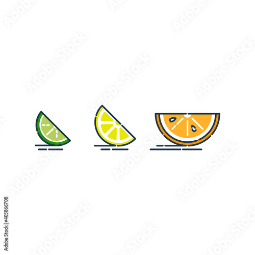Slice orange or tangerine lemon and lime fruit isolated on white background. Bright summer harvest illustration. Flat style illustration for any design. Line art citrus icon. Fruits with leaves