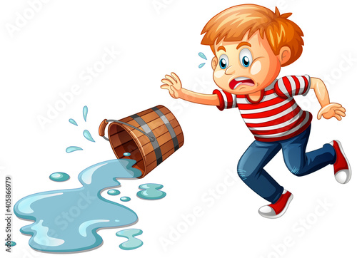 A boy with spilled water isolated on white background