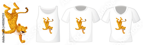 Leopard in dancing position cartoon character with many types of shirts on white background