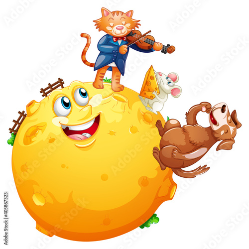 A cat playing violin on the moon with rat eating cheese and cute dog cartoon character isolated on white background