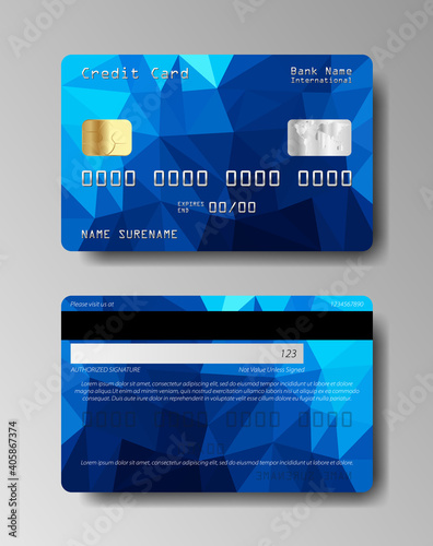 Blue Realistic detailed credit cards set. Front and back side template. Debit card. Vector illustration EPS10