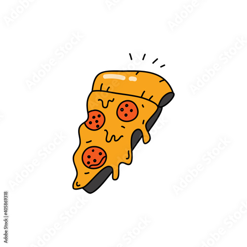 Delicious yellow triangular slice of pizza. Italian fast-food Linear colored doodle style. Vector on isolated white background. For printing on cards, invitations, tattoo, clothing design