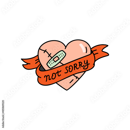 Broken heart with plaster and ribbon. The inscription "not sorry". Valentine's day concept. Linear colored doodle style. Vector on isolated white background. For printing on cards, invitations, tattoo