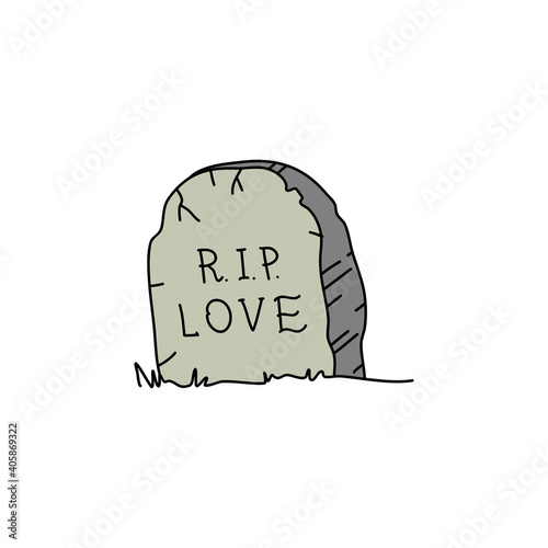 The grave of love with the inscription "r.i.p love". End of love feelings. Valentine's day concept. Linear doodle style. Vector on isolated white background. For printing on cards, invitations, tattoo