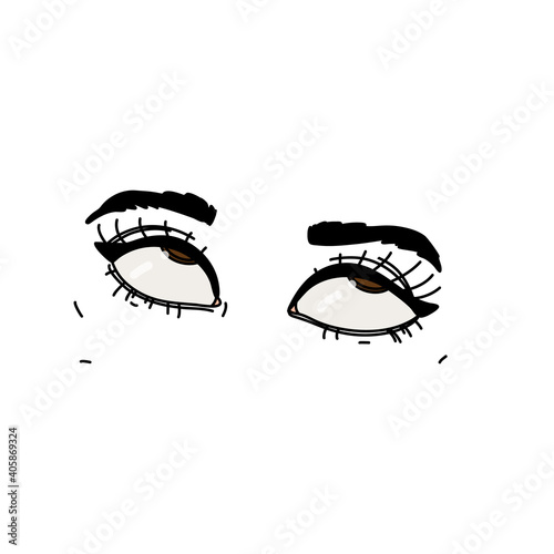 The girl rolls her eyes up. Funny face emotion. Linear colored doodle style. Vector on isolated white background. For printing on cards, invitations, tattoos, fashion design.