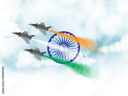 Happy Republic Day celebration concept background with fighter jets and smoke Indian flag colors. Indian Republic day concept. Indian Independence Day celebrations digital illustration. photo