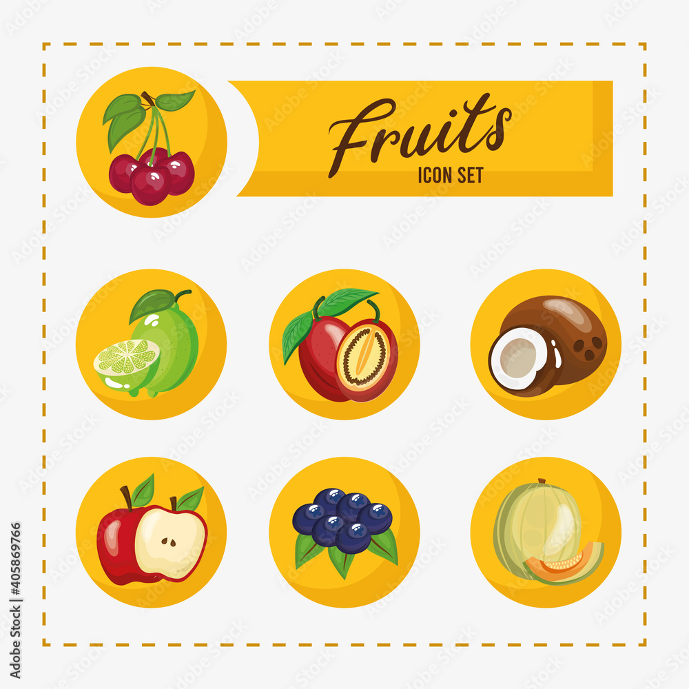bundle of seven fresh fruits set icons and lettering vector illustration design