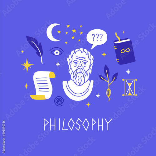 Vector set with philosophy symbols. Hand-drawn image of an ancient Greek thinker, textbook, hourglass, papyrus and pen.