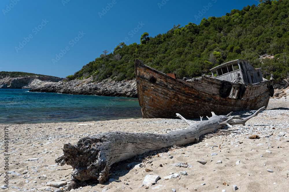 Shipwreck abandoned at a sea-coast of Skyros island in Greece