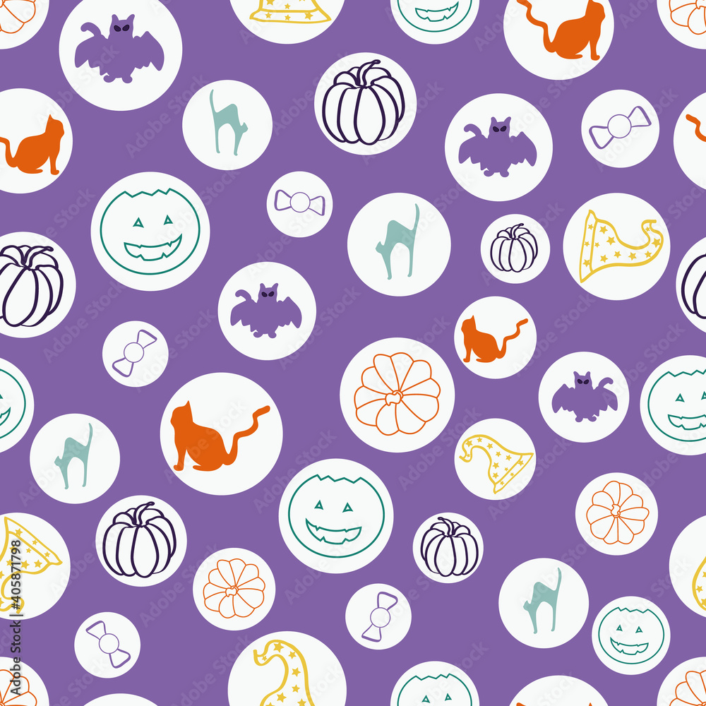 Vector Purple Round Halloween party seamless pattern background. Perfect for fabric, scrapbooking, packaging, and invitation cards. 