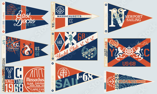 Yachting and sailing club nautical pennant flags vintage vector collection