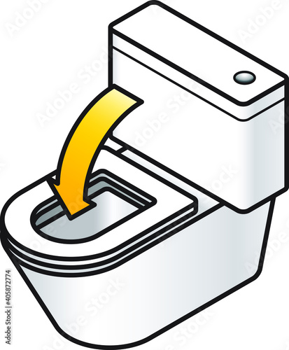 A white contemporary toilet with the seat down and a directional arrow. Put the seat down!