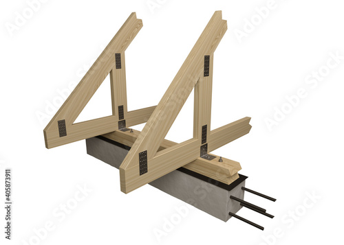 Detail the roof structure on a white background. Attachment of two rafters to floor beams. 3D rendering and 3D illustration.