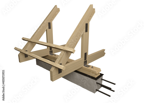 Detail the roof structure on a white background. Fastening of two rafters to floor beams with lathing. 3D rendering and 3D illustration.