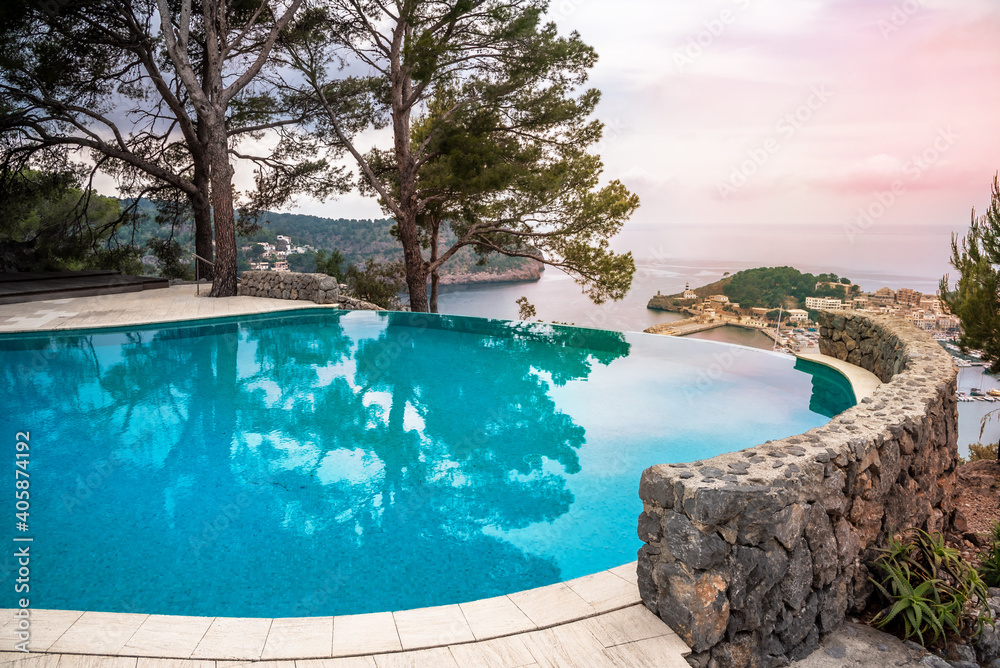 Swimming pool in summertime at altitude above Port de Soller viewpoint in Palma de Mallorca