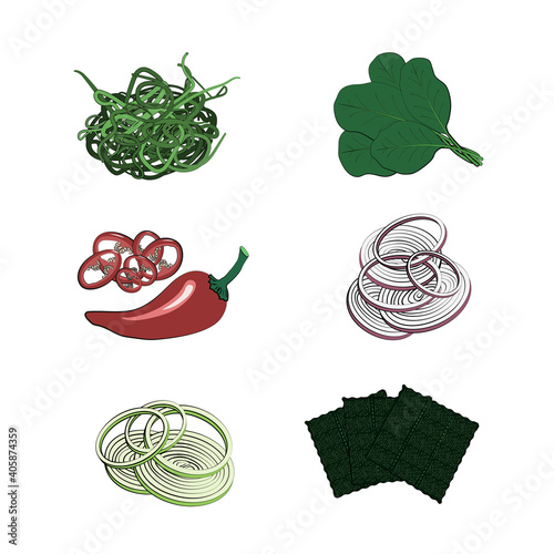Traditional Japanese or Korean food - chuka, spinach, onion, nori and chili pepper. Set of ingredients for traditional Oriental ramen noodle soups. Vector illustration in hand-drawn style on a white