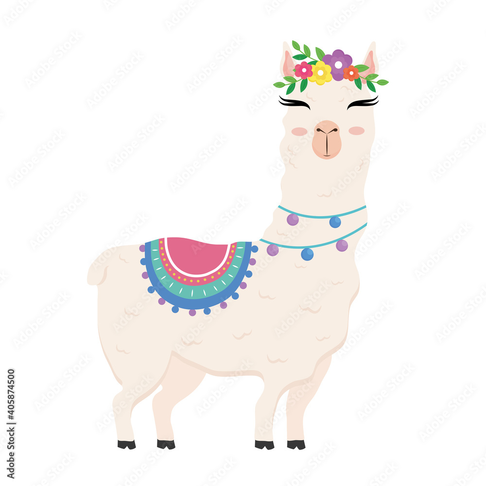 Fototapeta premium cute alpaca exotic animal with chair and flowers in head and necklaces vector illustration design