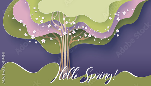 Hello Spring card. Tree with blooming flowers. Seasonal vector illustration