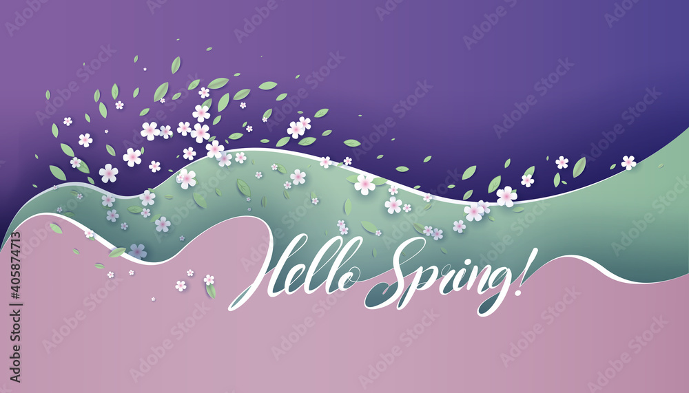 Hello Spring card. Bright wavy background. Creative paper cut flowers and leaves.