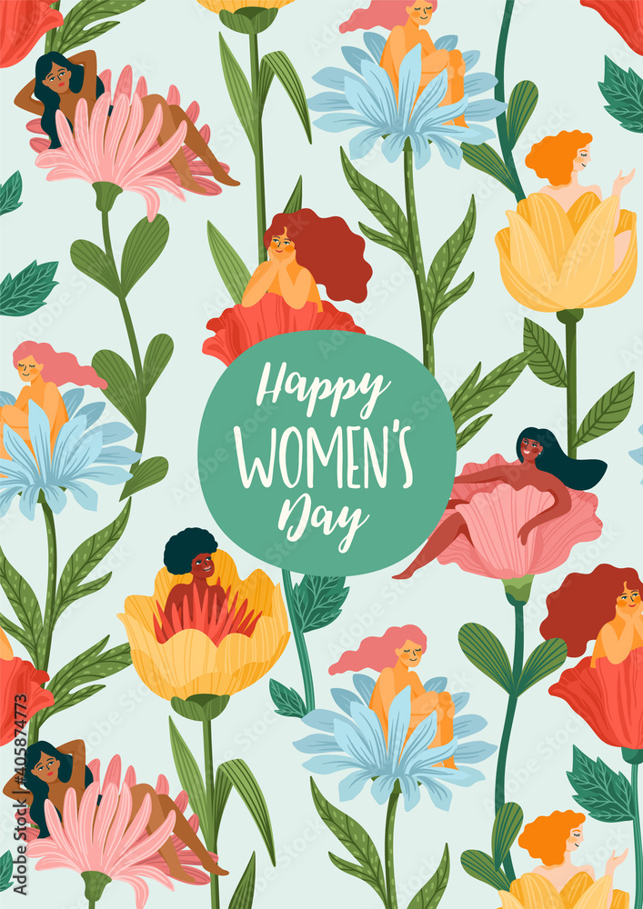 International Women s Day. Vector template with women and flowers for card, poster, flyer and other
