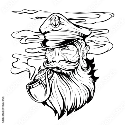 Bearded ship captain. Sailor head. Sea dog. Sailor Portrait. Captain with a pipe. Smoking sailor. Sea character. Seas Buccaneer. Captain in a navy cap. Old Pirate. Vector graphics to design.