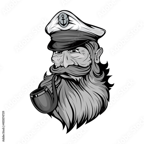 Bearded ship captain. Sailor head. Sea dog. Sailor Portrait. Captain with a pipe. Smoking sailor. Sea character. Seas Buccaneer. Captain in a navy cap. Old Pirate. Vector graphics to design.