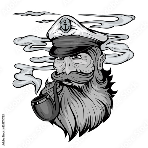 Bearded ship captain. Sailor head. Sea dog. Sailor Portrait. Captain with a pipe. Smoking sailor. Sea character. Seas Buccaneer. Captain in a navy cap. Old Pirate. Vector graphics to design.