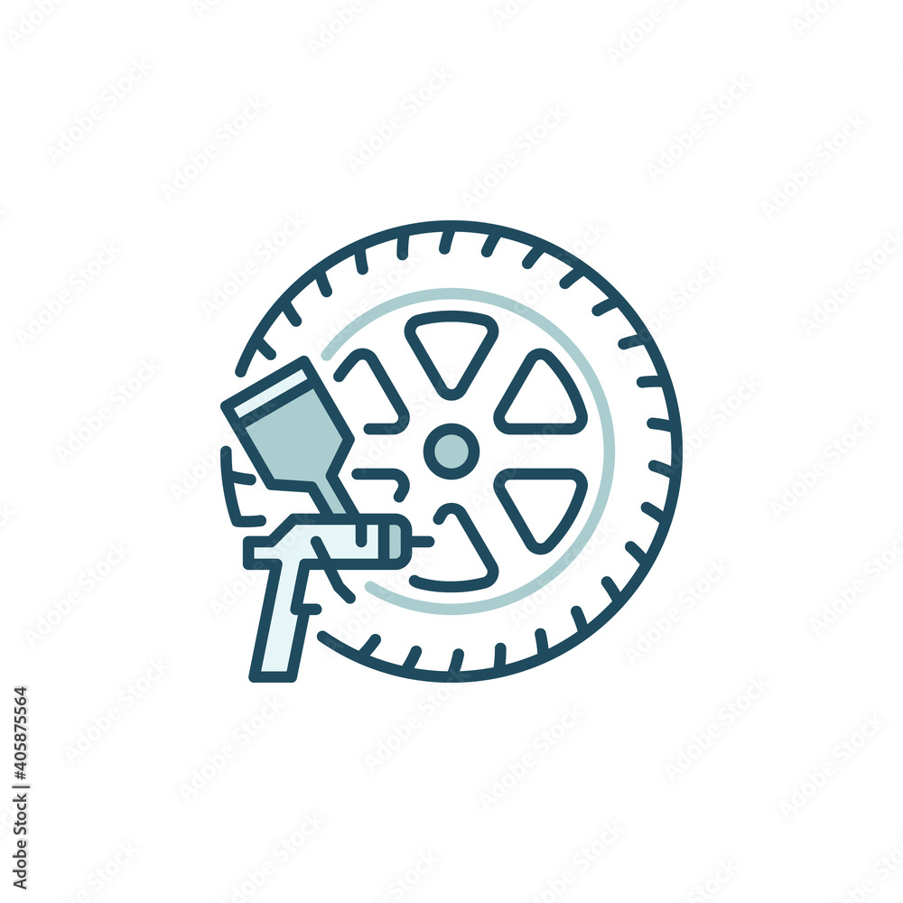Car Wheel and Paint Spray Gun vector concept colored icon or sign Car Wheel and Paint Spray Gun vector concept colored icon or sign