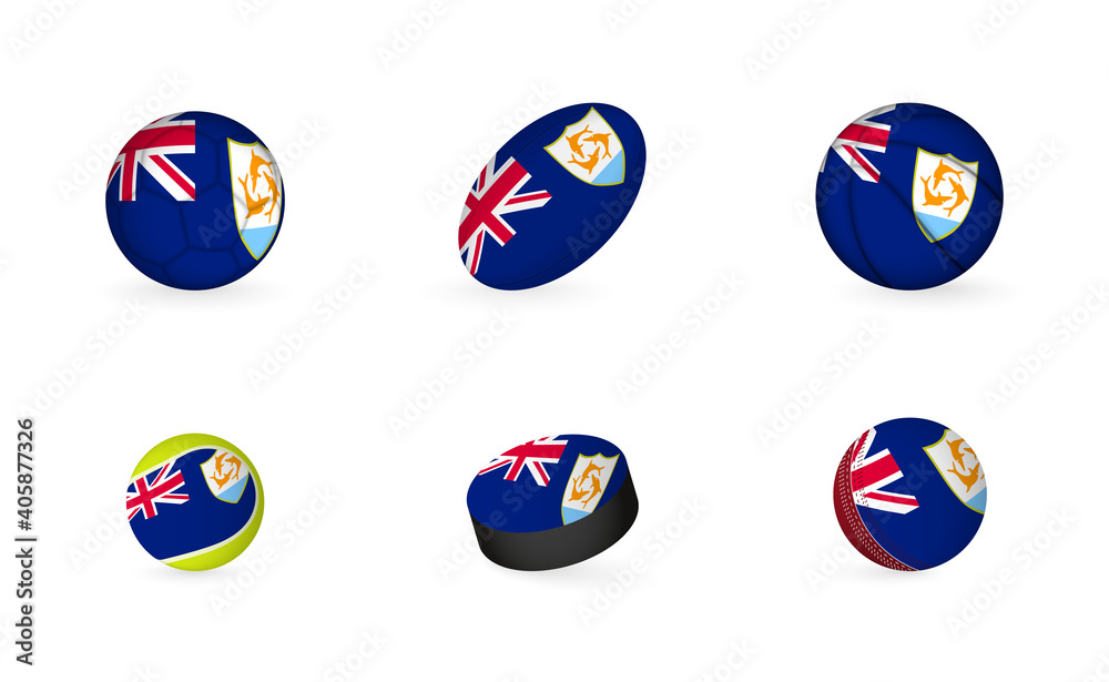 Naklejka premium Sports equipment with flag of Anguilla. Sports icon set.