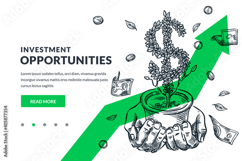 Investment and finance growth concept. Hands hold dollar tree on arrow background. Hand drawn vector sketch illustration