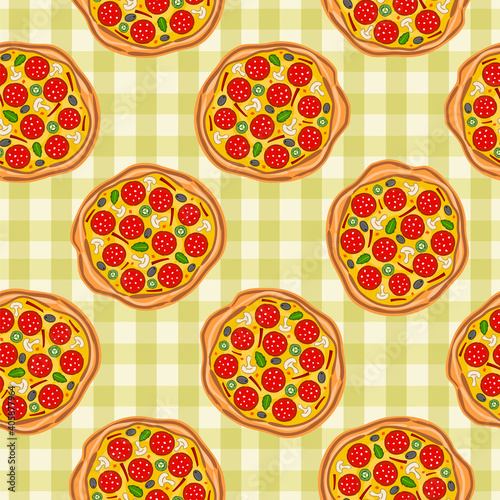Seamless pizza pattern. Light green kitchen checkered background with pizzas. Vector illustration for design on the theme of food and Pizzeria, restaurant, cafe.