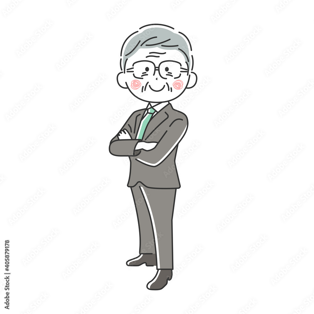 腕組みをする笑顔の年配ビジネスマンのイラスト