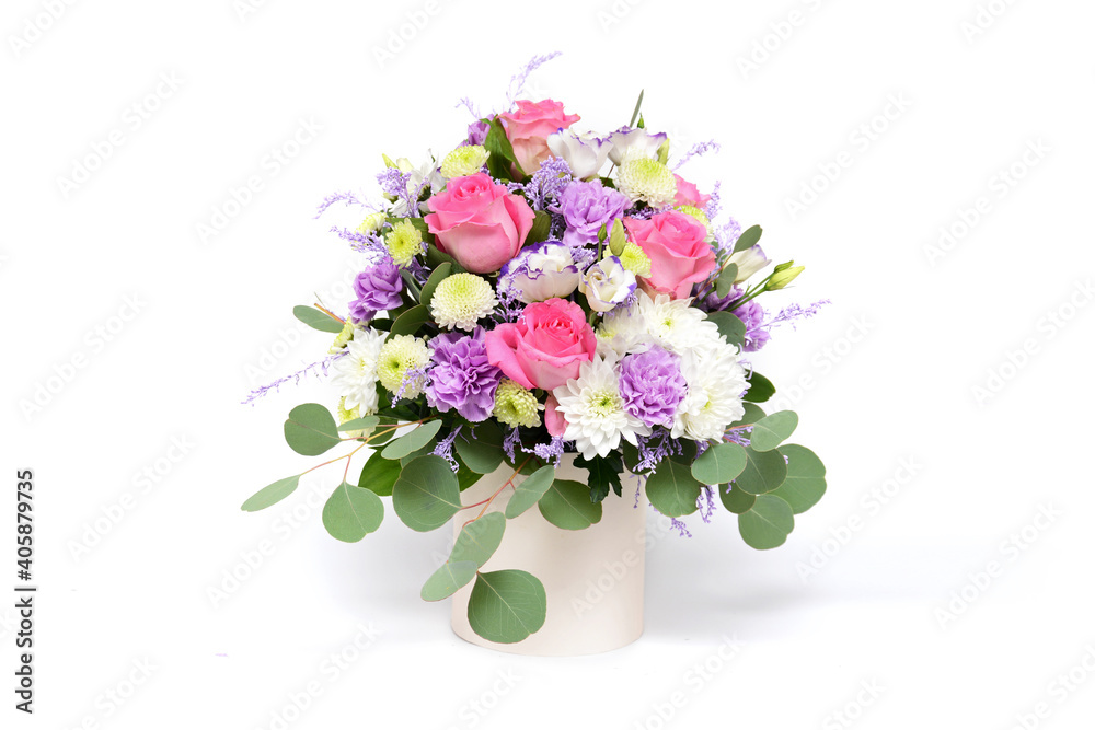 Bouquet of flowers in the box isolated on white background
