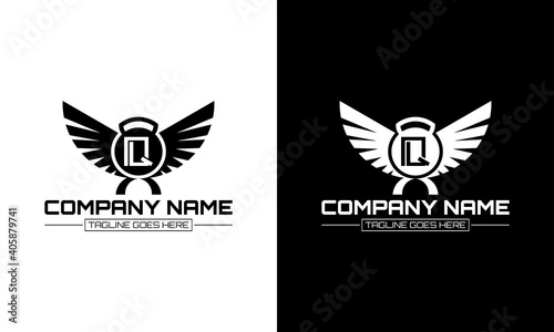 Barbell and wing logo design with the letter Q concept.